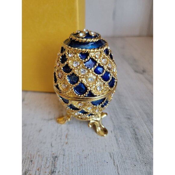 Blue trinket box egg golden enameled hinged Easter home decor unique - Picture 1 of 13